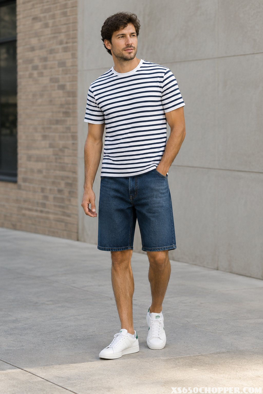 Man wearing a striped T-shirt, denim shorts, and white sneakers outdoors.