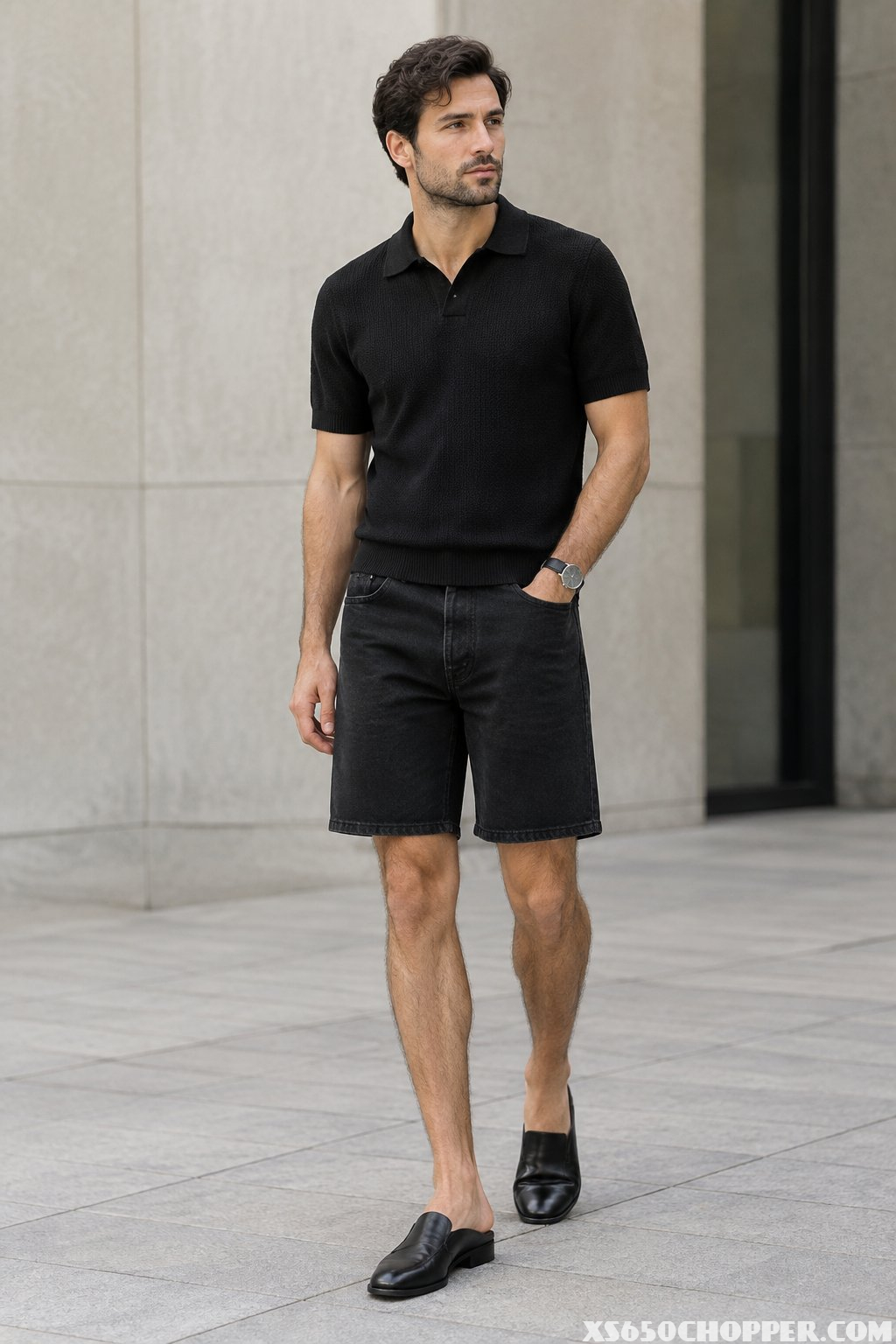 A man wearing a black polo, black knee-length denim shorts, and black leather mule shoes.