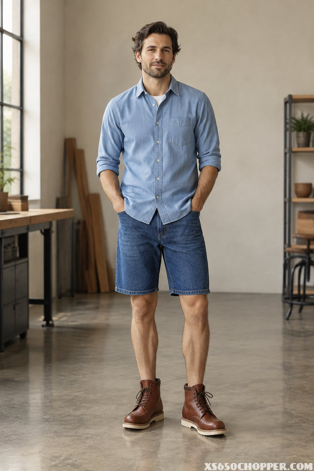 Man wearing a chambray shirt, indigo denim shorts, and brown moc-toe boots.