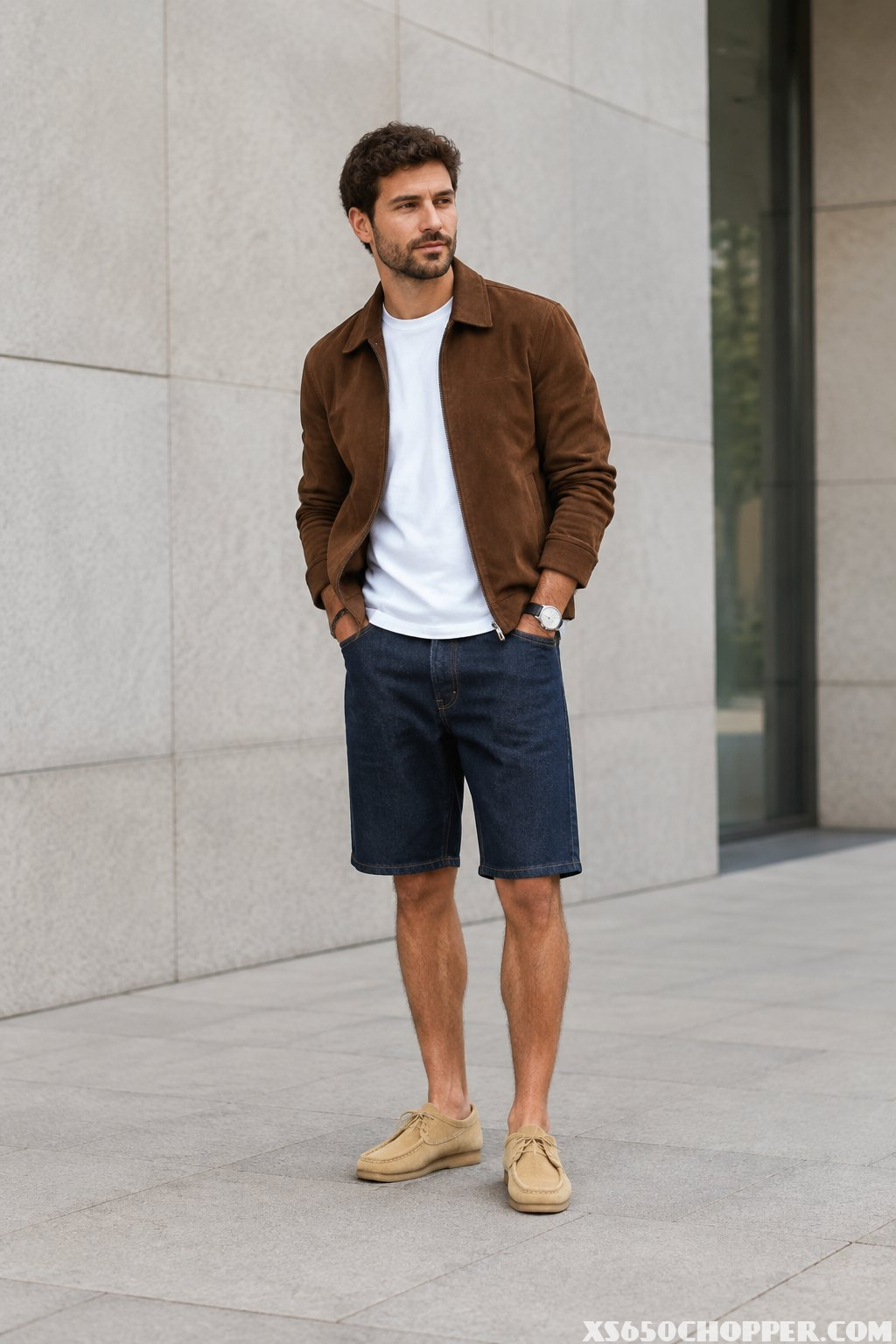 A man wearing a brown jacket, white shirt, dark denim shorts, and beige shoes stands outdoors.
