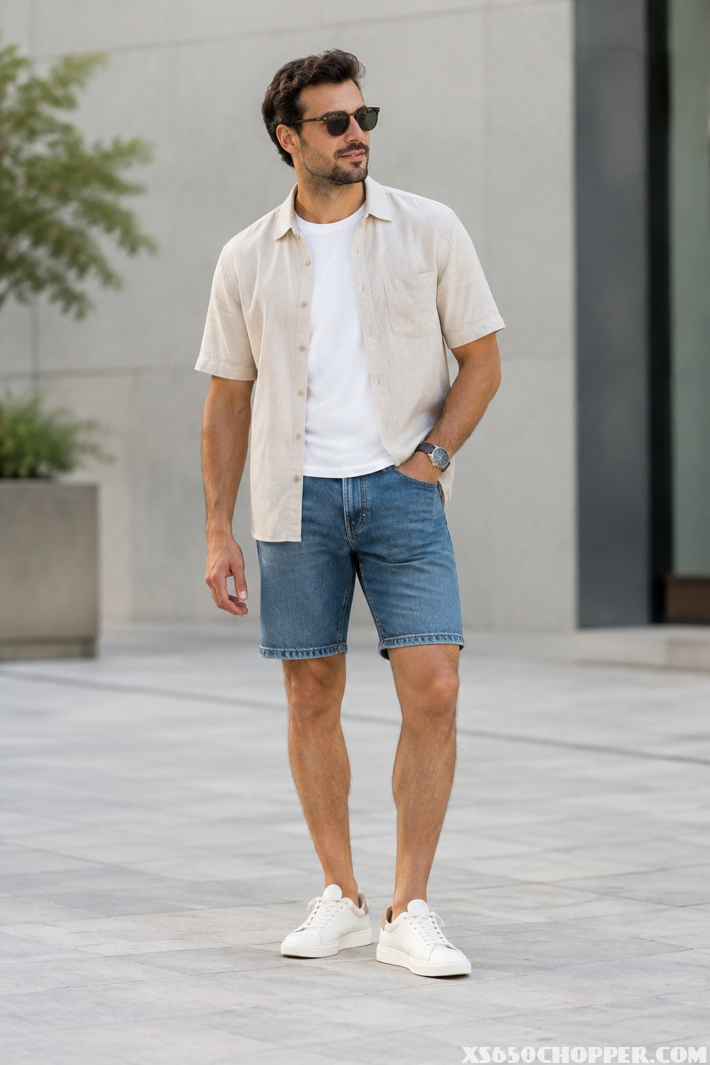 A man wearing denim jorts, a white shirt, an overshirt, and sneakers stands in a modern urban setting.