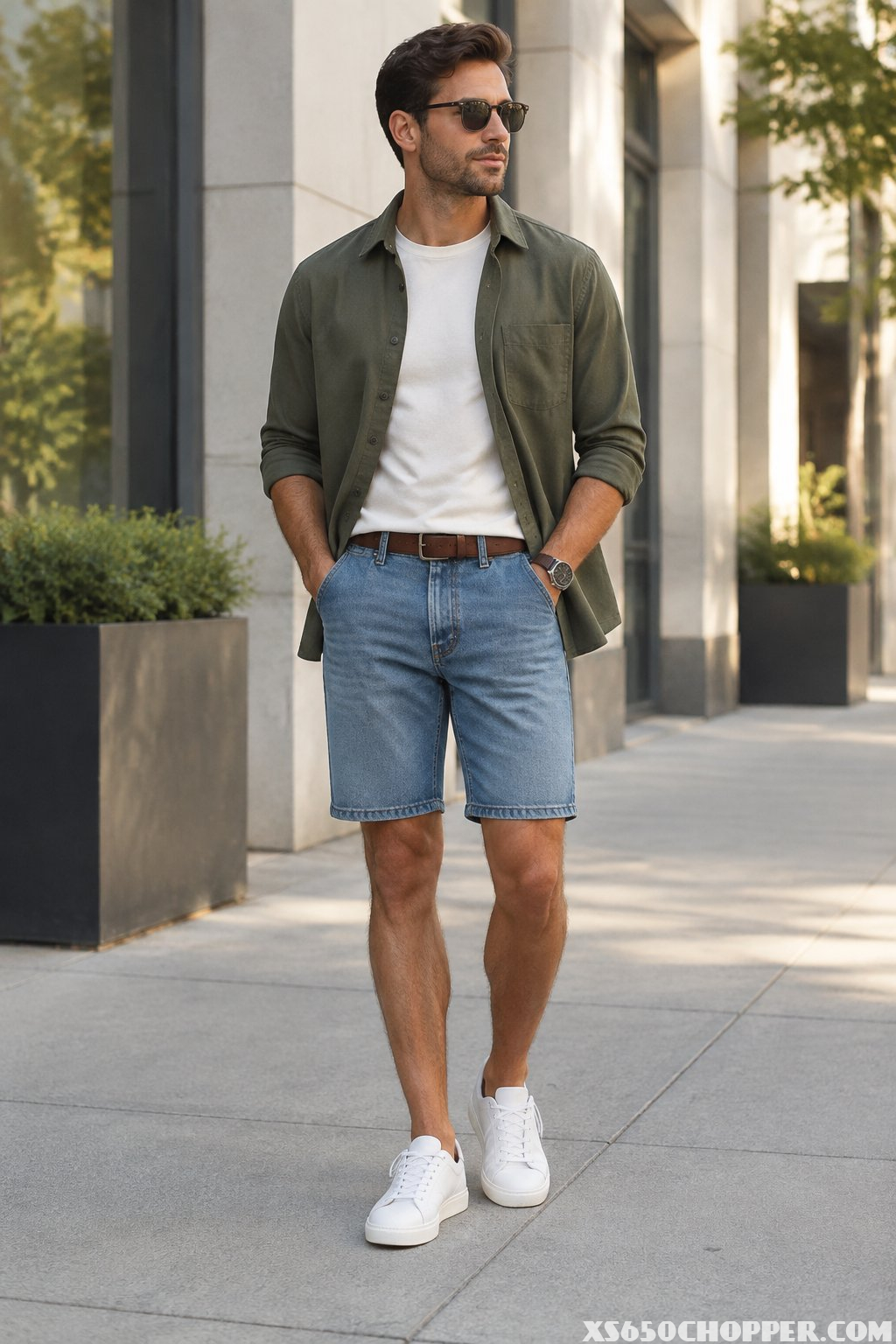 A man in coordinated casual clothing and denim jorts standing on a city sidewalk.
