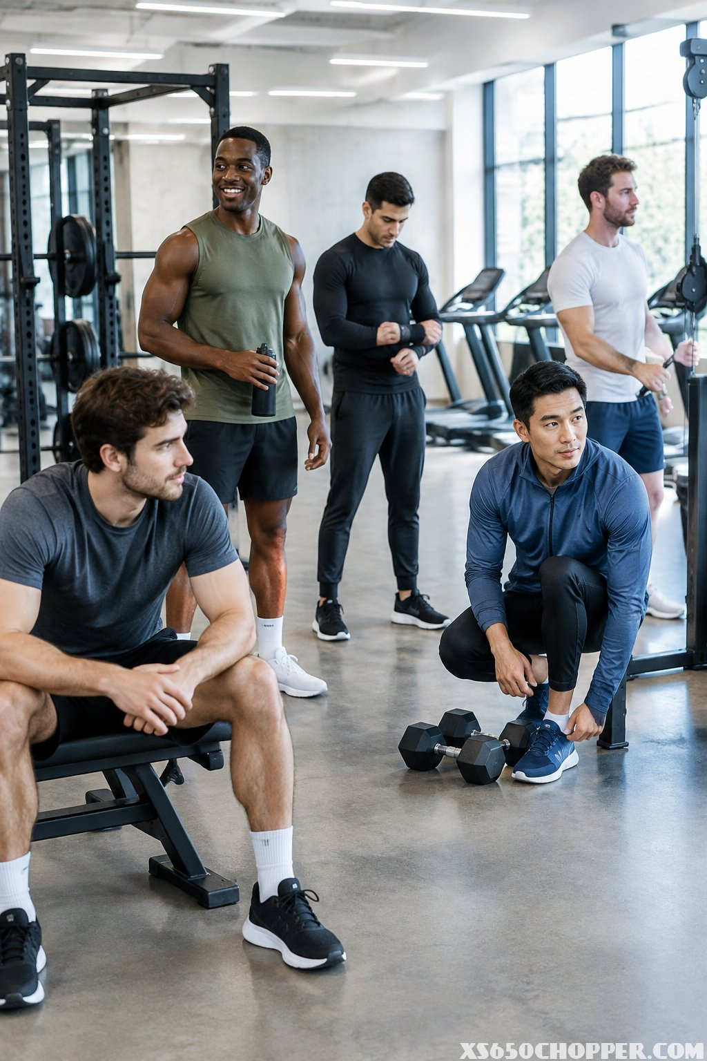 Five men in varied athletic outfits stand together in a modern gym surrounded by workout equipment.
