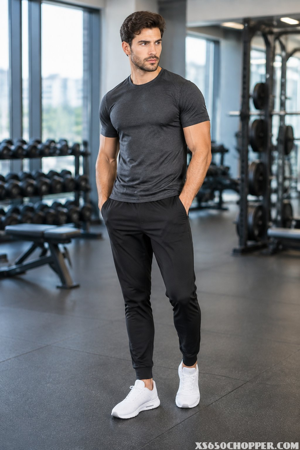 A man in a charcoal fitted T-shirt, black joggers, and white sneakers standing in a modern gym.