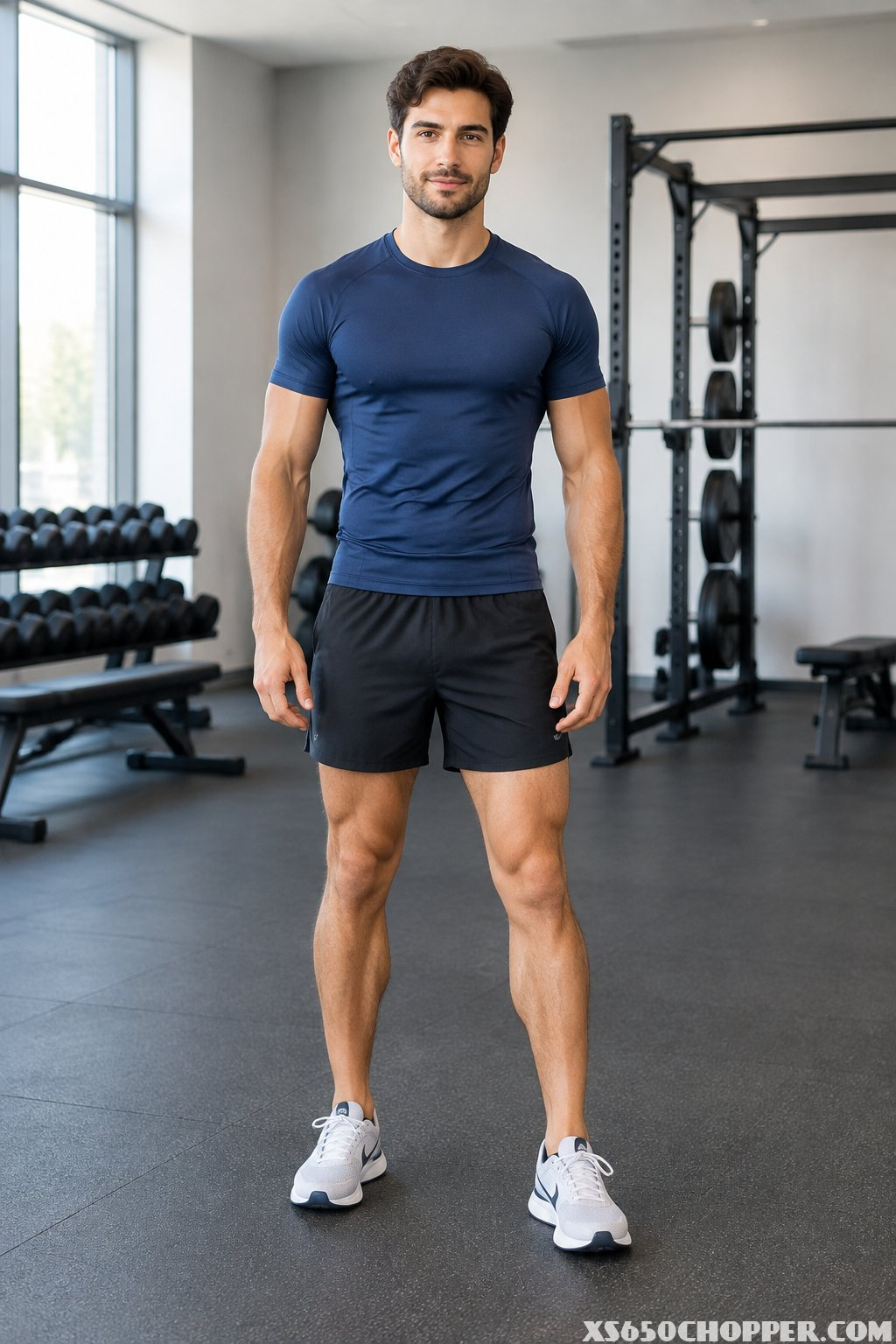 A man in a navy compression shirt, black shorts, and running shoes stands in a modern gym.