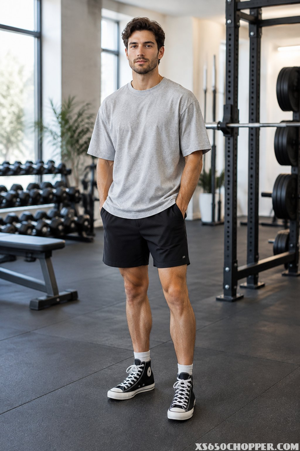A man in an oversized gray T-shirt, black shorts, and black high-top sneakers standing in a modern gym.