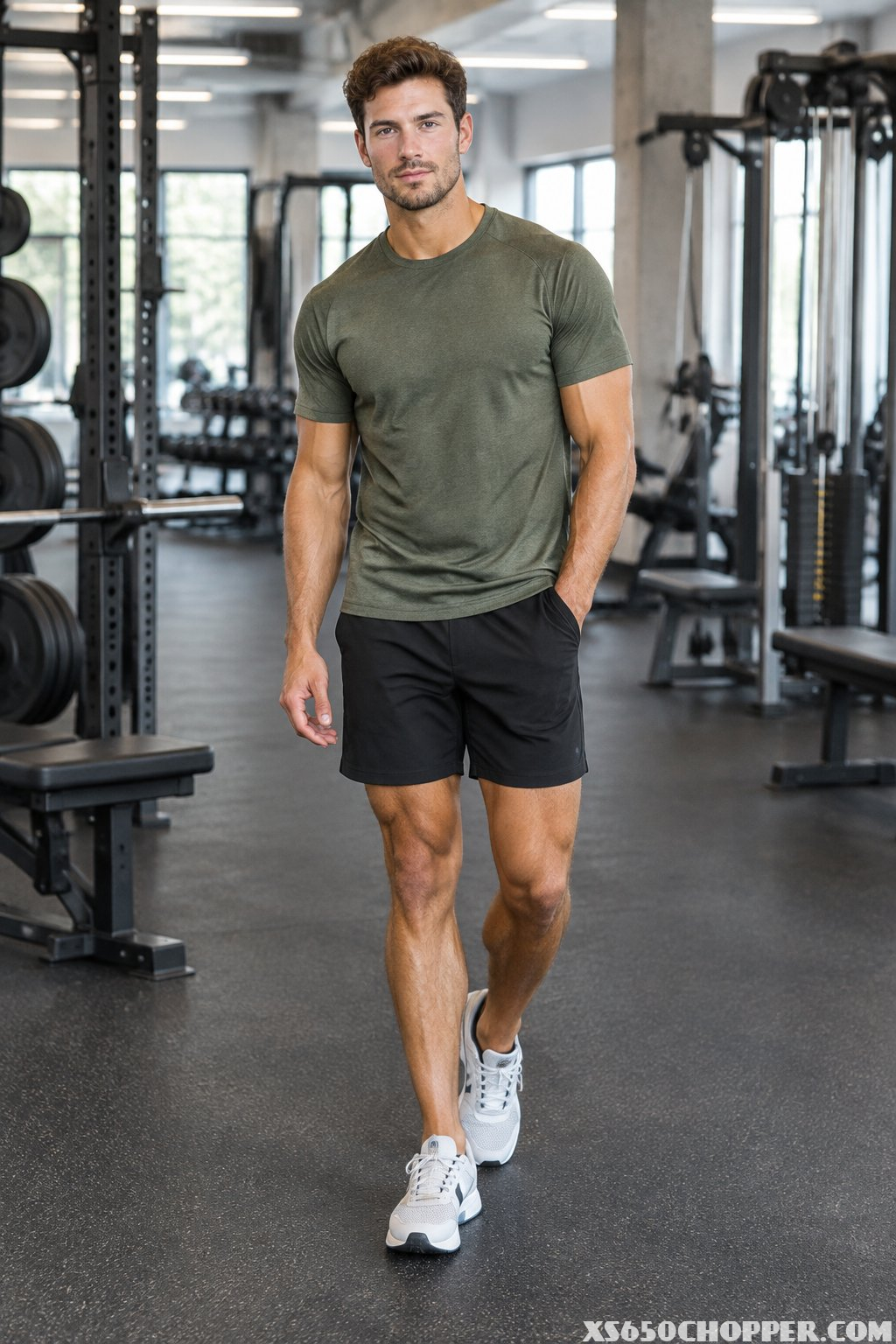 A man in an olive athletic shirt, black shorts, and trainers standing in a modern gym.