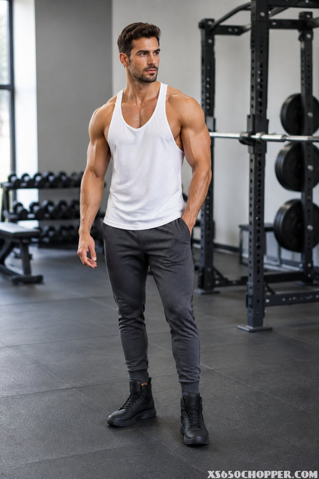 A fit man in a white stringer tank top, tapered joggers, and black high-top shoes standing in a modern gym.