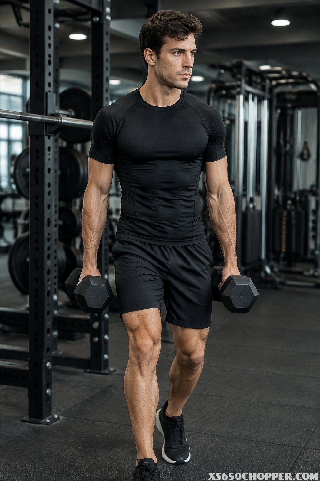 A fit man wearing a black compression shirt and matching training shorts exercises with dumbbells in a modern gym.