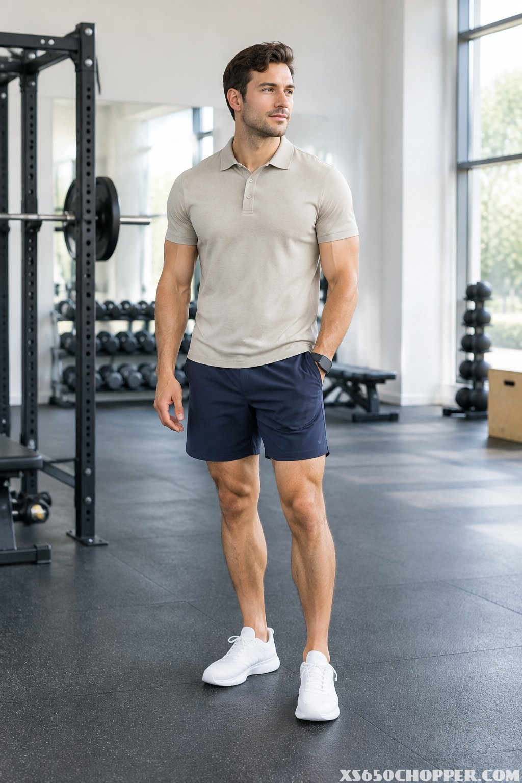 A man in a stone performance polo, navy shorts, and clean white trainers standing in a modern gym.