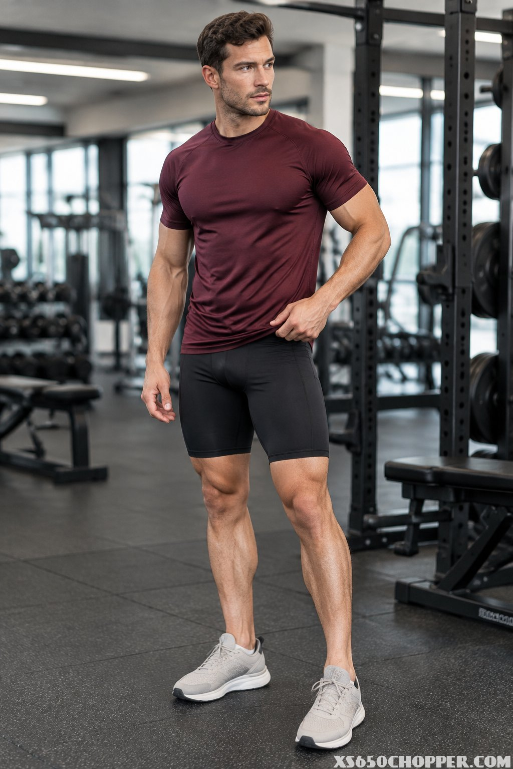 A man in a burgundy athletic shirt, black compression shorts, and running shoes stands in a modern gym.