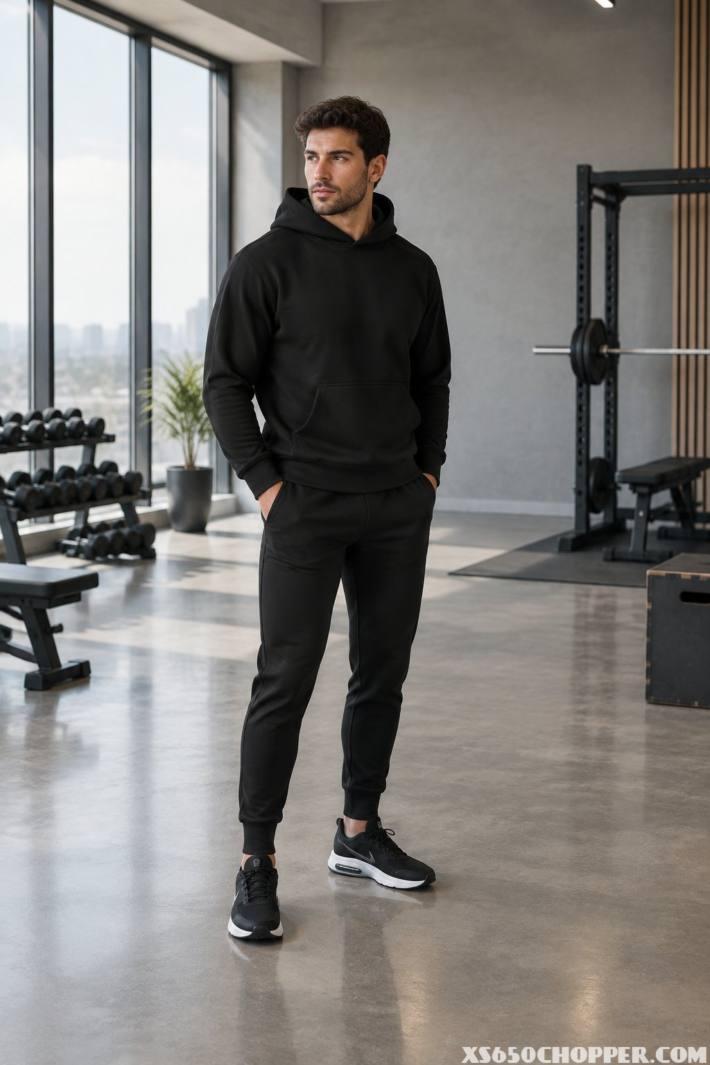 A fit man in a black hoodie, slim joggers, and athletic sneakers standing in a modern gym.