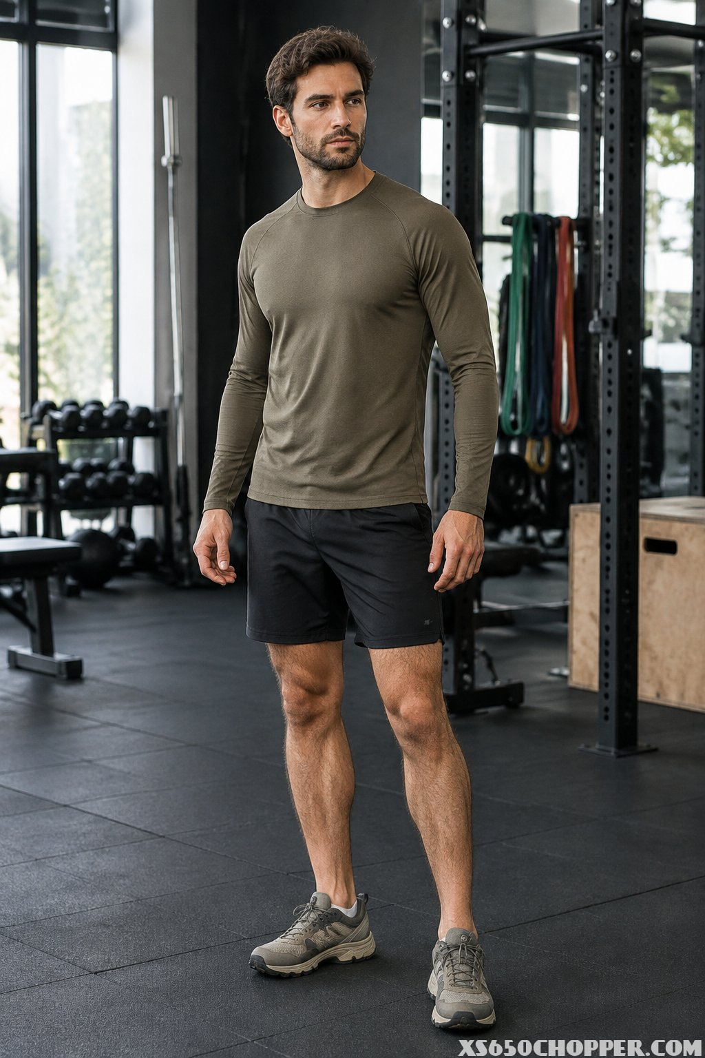 A fit man in an earth-tone long-sleeve top, black shorts, and trail trainers stands in a modern gym.