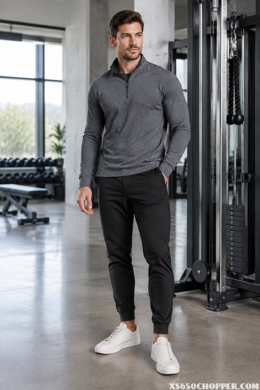 A man in a slate quarter-zip top, tapered joggers, and minimalist trainers standing in a modern gym.