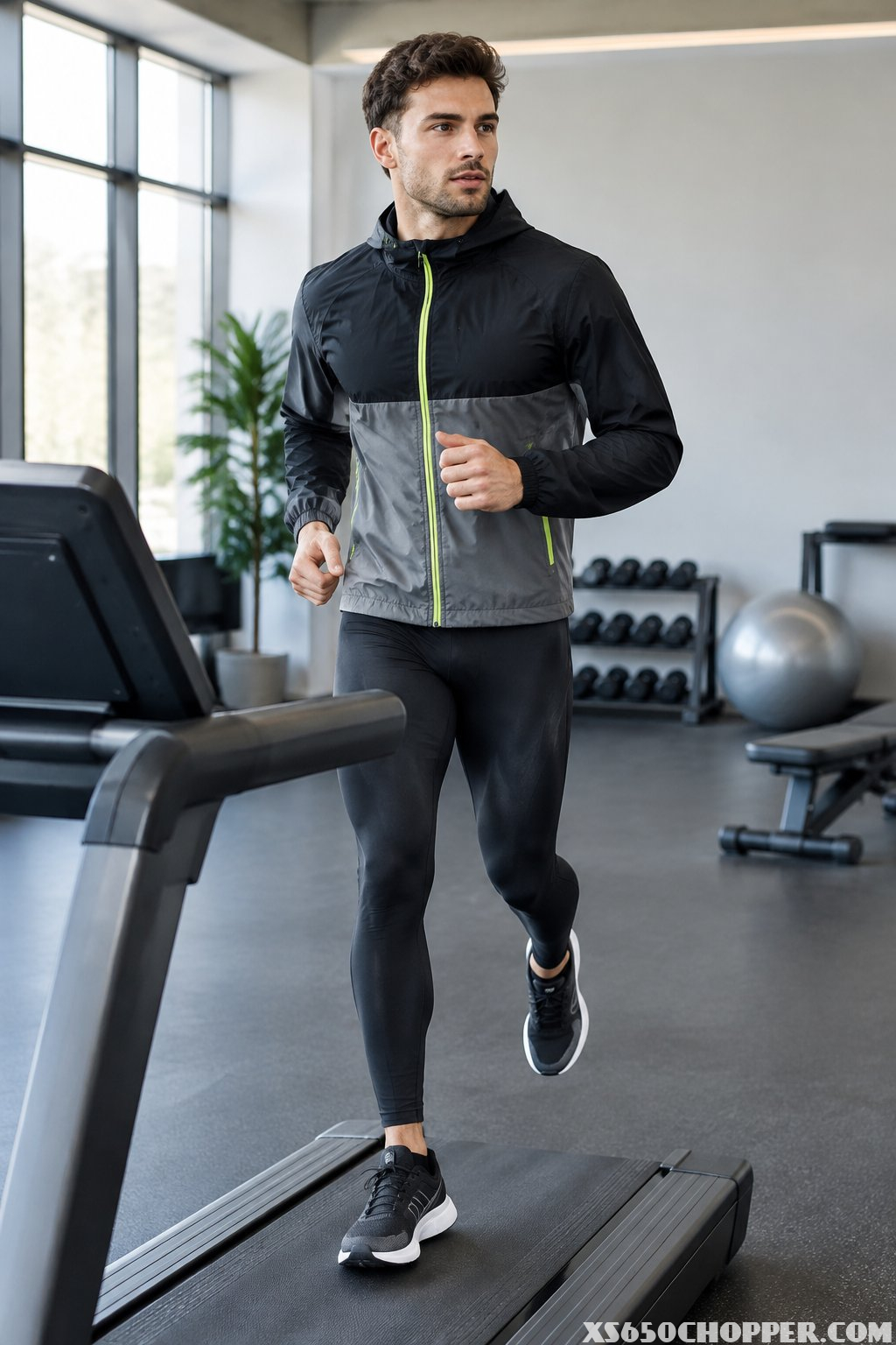 A man in a color-block windbreaker, black running tights, and performance running shoes stands in a modern gym.