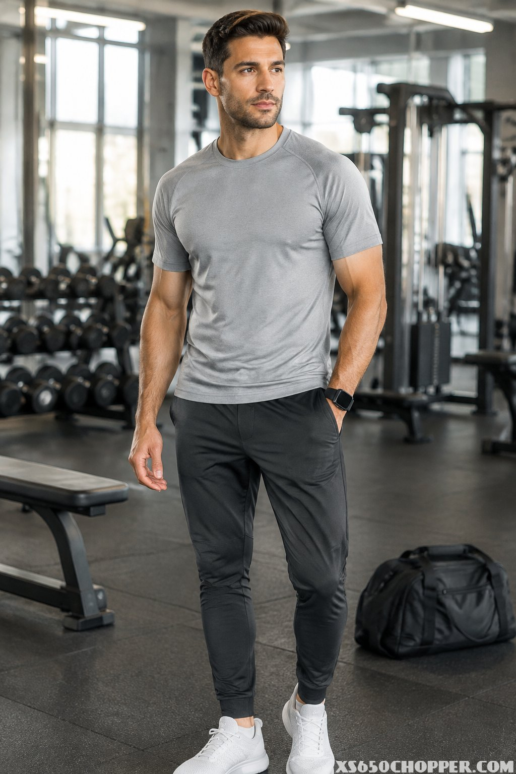 A fit man in a coordinated workout outfit stands in a modern gym surrounded by exercise equipment.