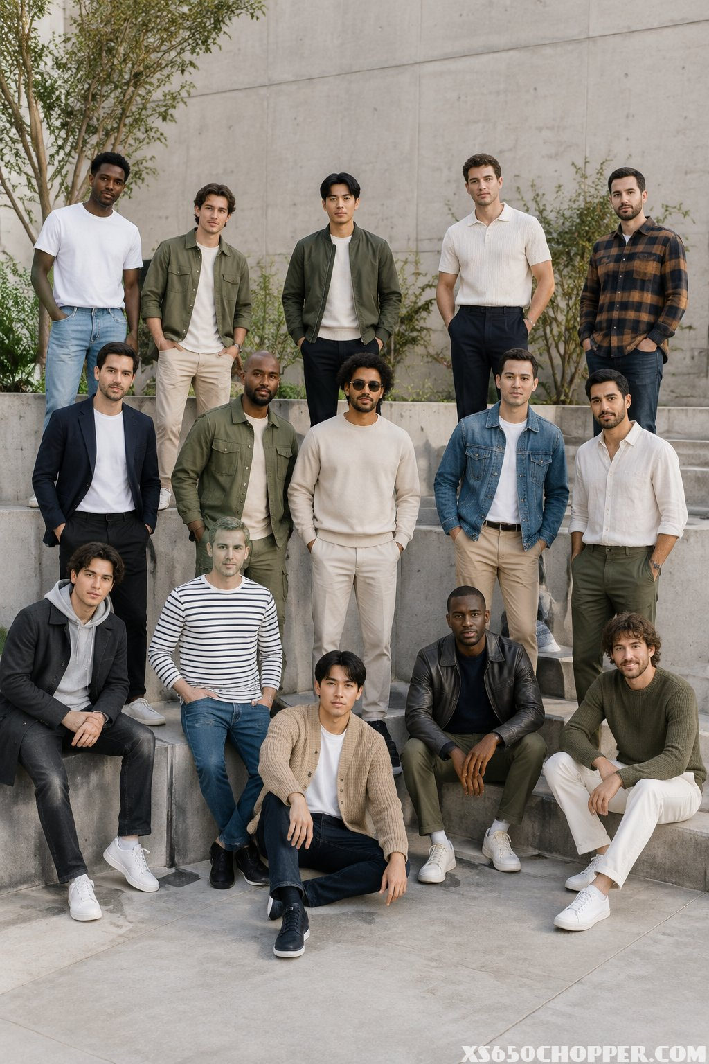 Fifteen men wearing varied casual outfits pose together in a modern urban setting.