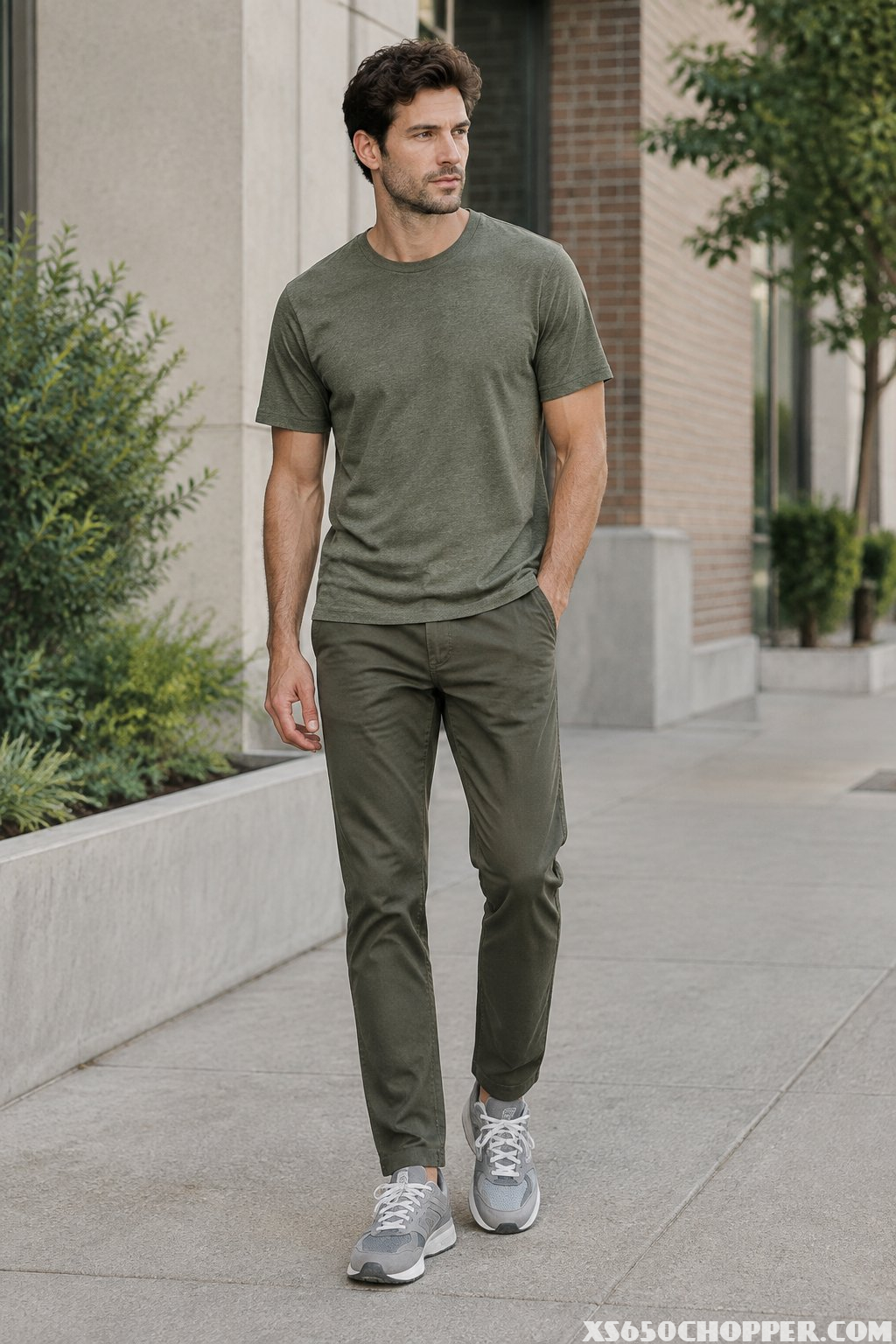 A man wearing an olive T-shirt, olive chinos, and gray sneakers stands on an urban sidewalk.