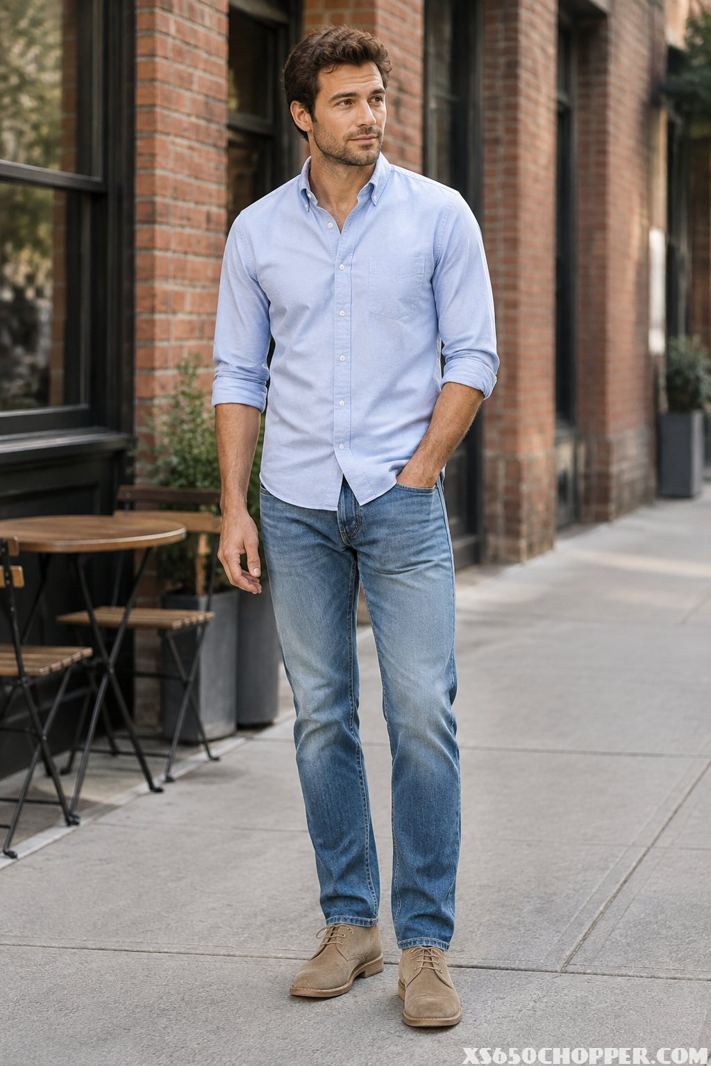 A man wearing a light-blue Oxford shirt, faded jeans, and tan desert boots stands on a city sidewalk.