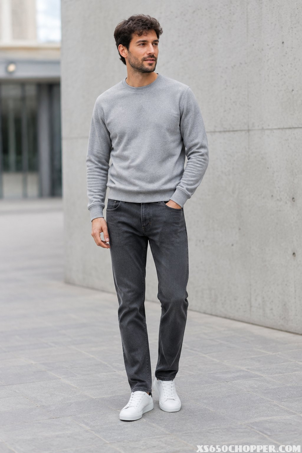 A man stands outdoors wearing a gray sweatshirt, dark jeans, and white sneakers.