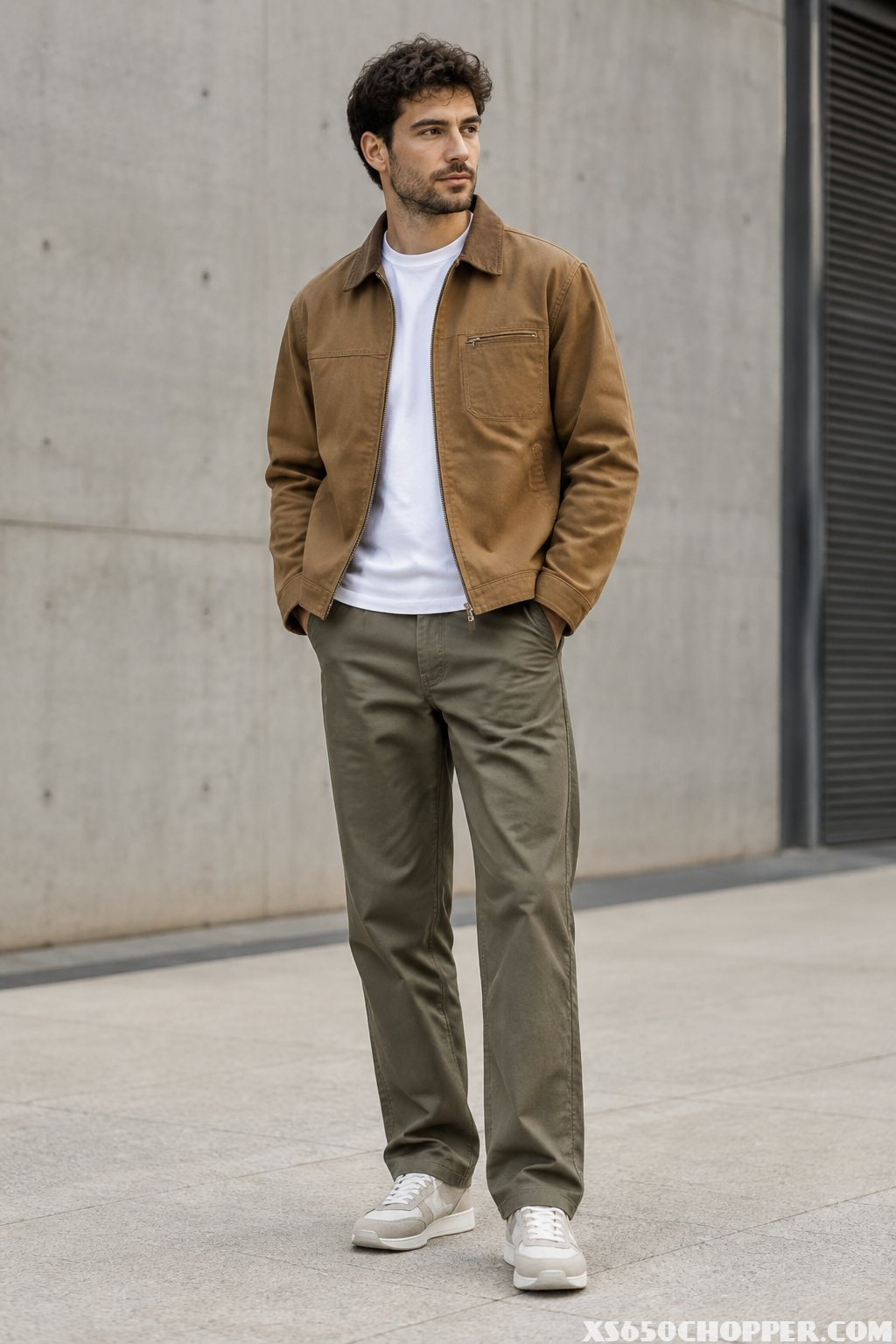 A man wearing a brown work jacket, white T-shirt, dark work pants, and sneakers stands outdoors.