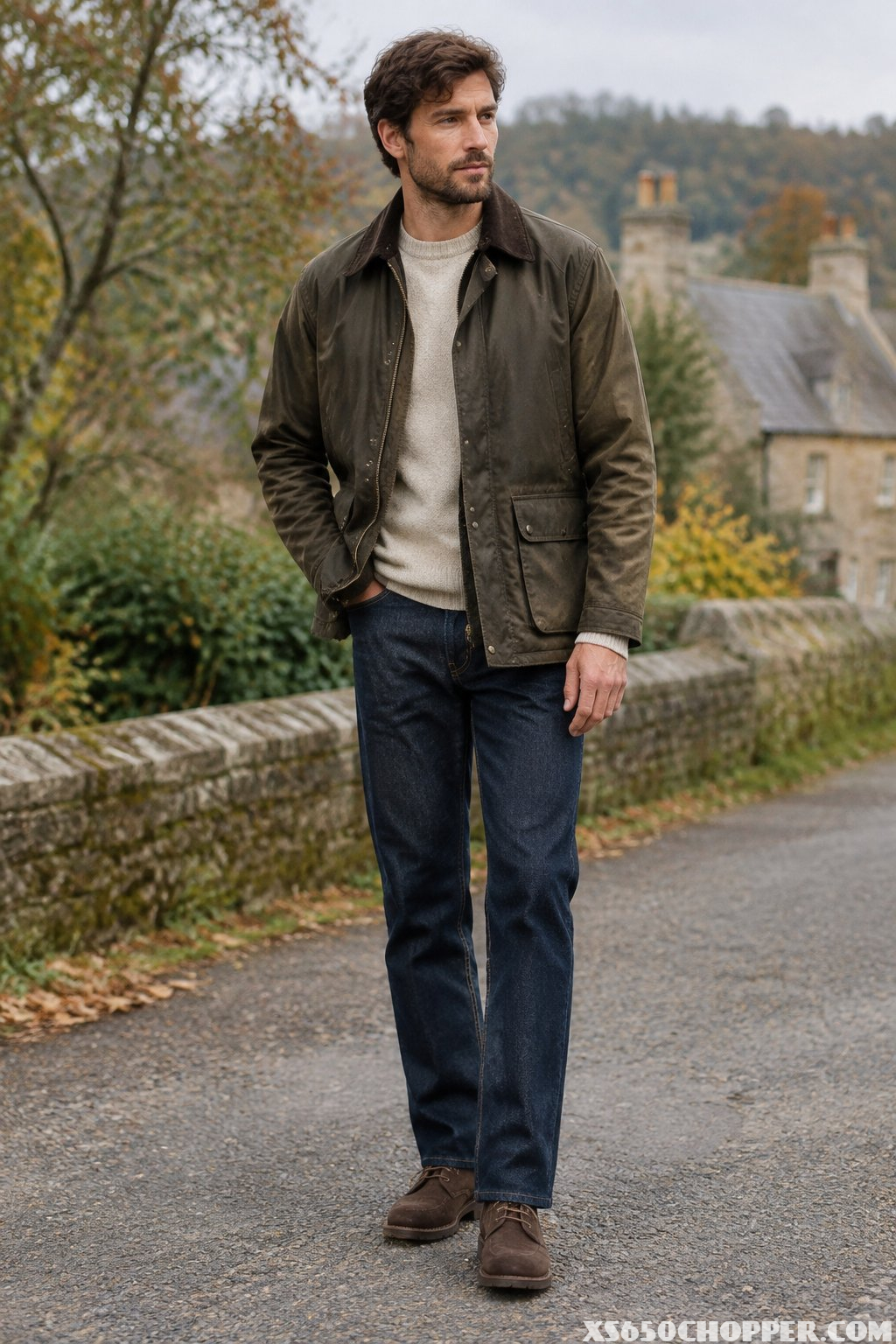 A man wearing a waxed field jacket, cream crewneck sweater, and dark jeans outdoors.