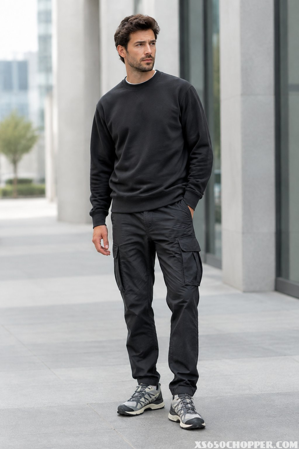 A man in a dark sweatshirt, cargo pants, and trail sneakers standing outdoors in an urban setting.