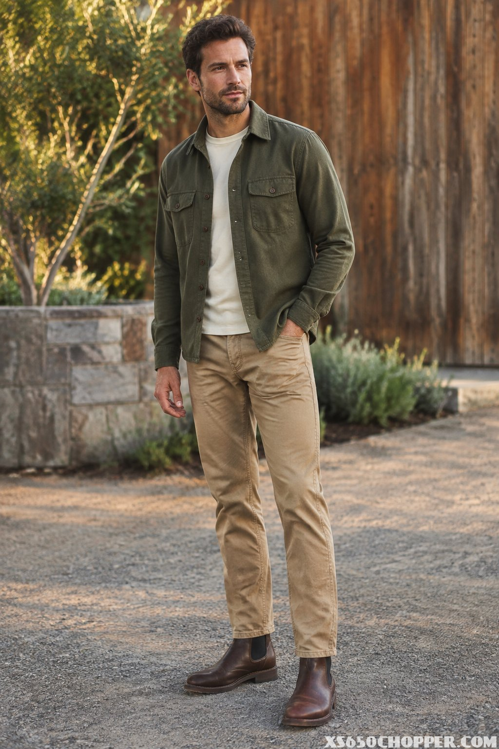 A man wearing an olive overshirt, tan canvas pants, and brown Chelsea boots stands outdoors.