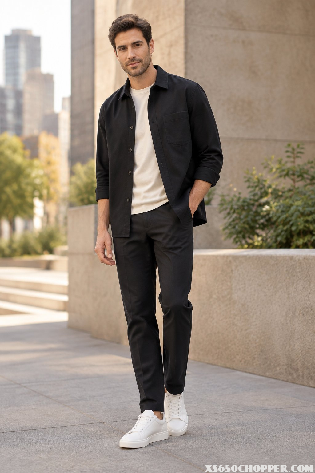 A casually dressed man wears black trousers, a black overshirt, a light shirt, and white sneakers in an urban setting.