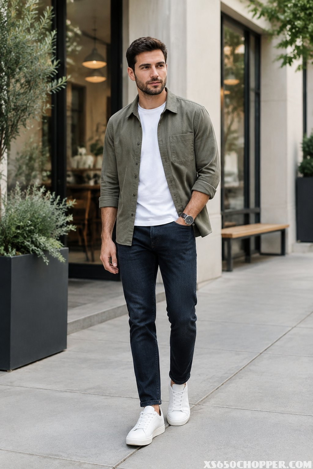A casually dressed man stands confidently on a city sidewalk outside a modern café.