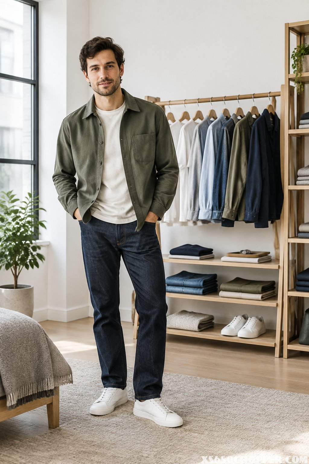 A man stands beside a clothing rack displaying coordinated casual clothes in a bright modern room.