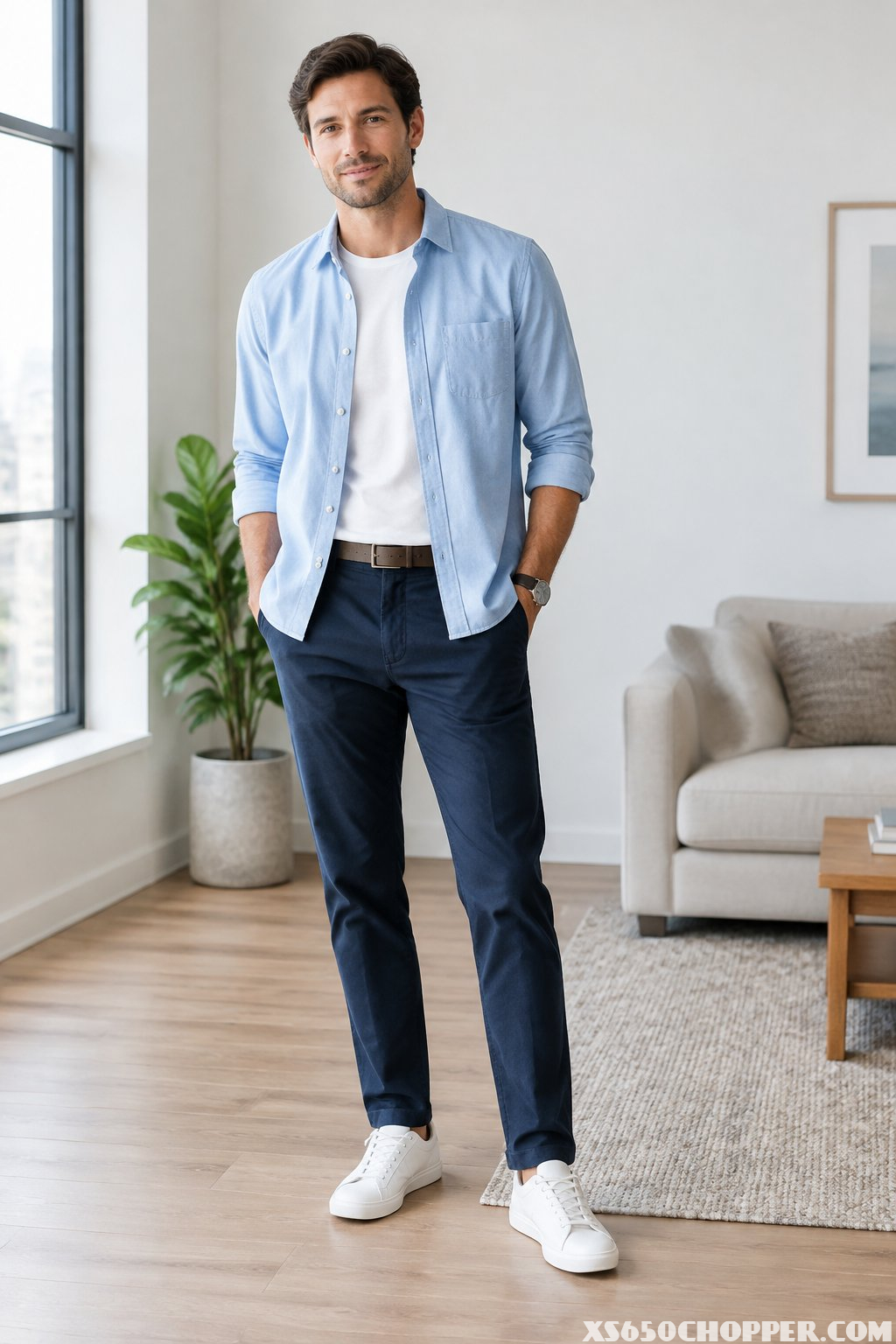 A man in a light-blue overshirt, white T-shirt, dark trousers, and white sneakers stands in a bright apartment.