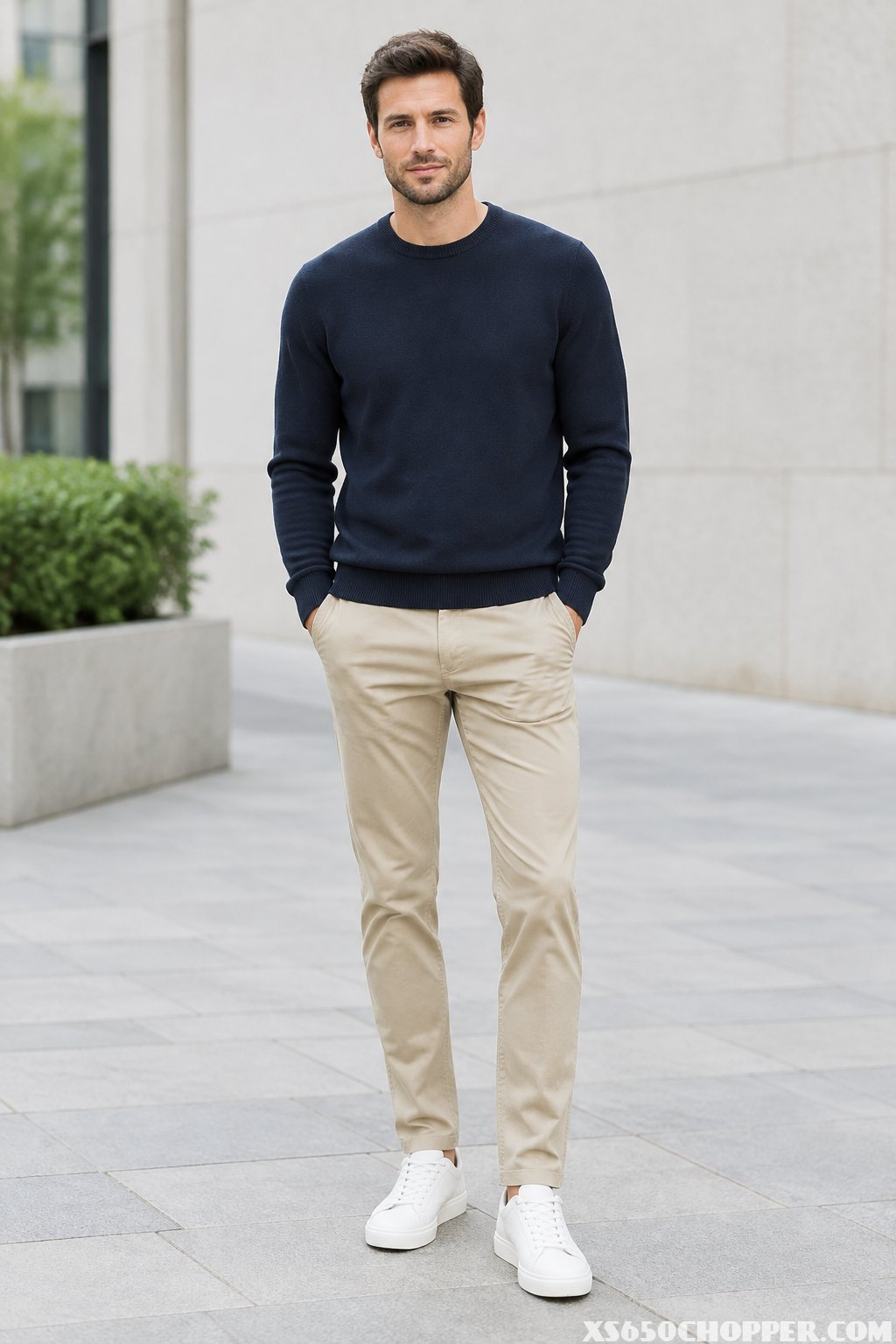 A man wearing a crewneck sweater, chinos, and simple sneakers stands on a sidewalk.