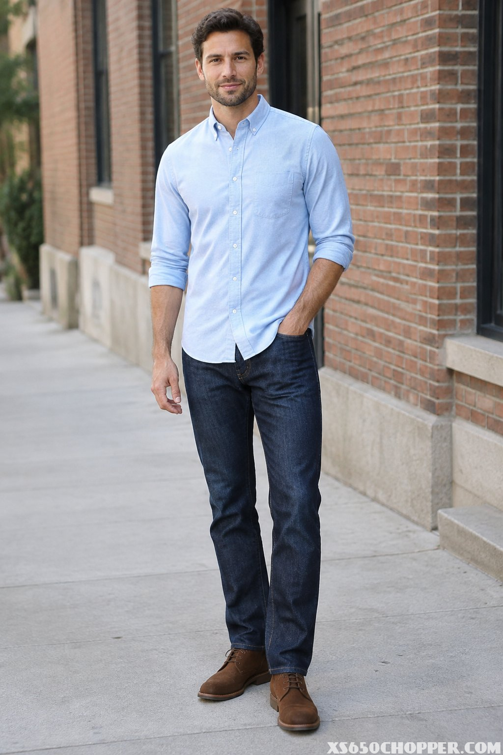 A man in a light-blue shirt, dark jeans, and brown boots stands on a city sidewalk.