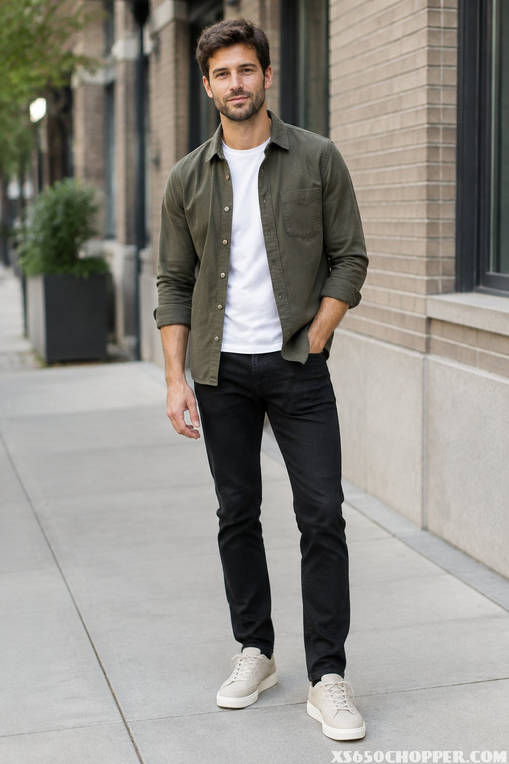 A man wearing a white T-shirt, olive overshirt, and black jeans stands on a city sidewalk.