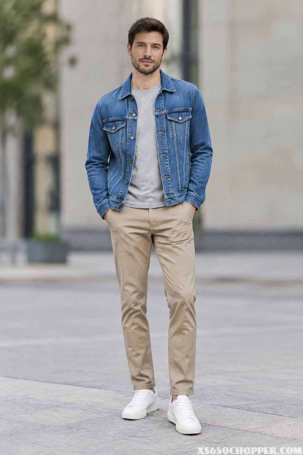 A man wearing a denim jacket, gray T-shirt, and chinos.