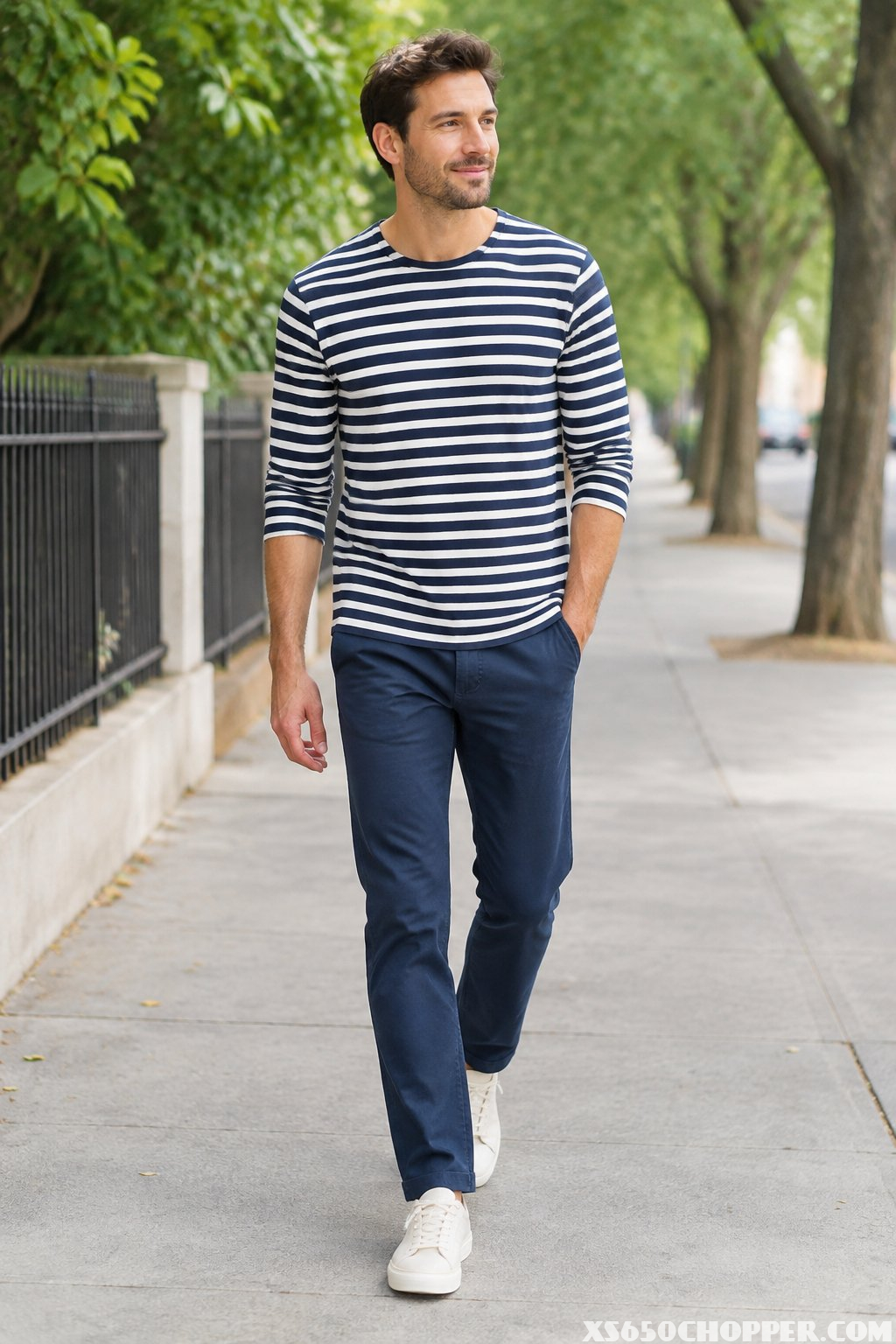 A man walks along a sidewalk wearing a striped shirt, navy trousers, and canvas sneakers.