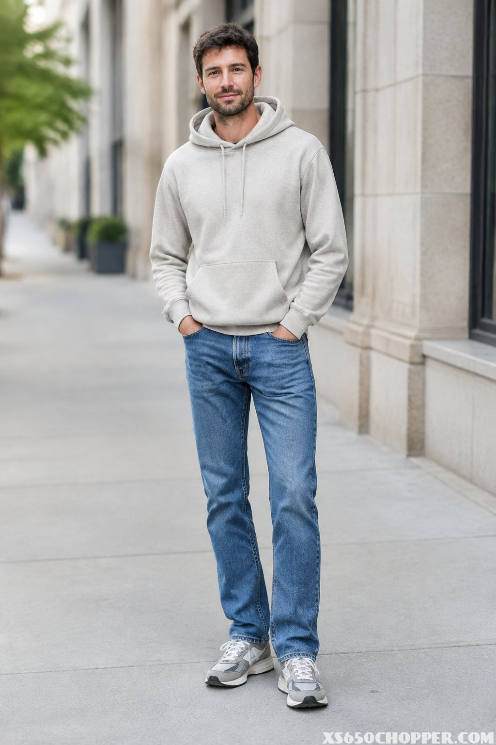 A man wearing a hoodie, straight-leg jeans, and running shoes stands on a city sidewalk.