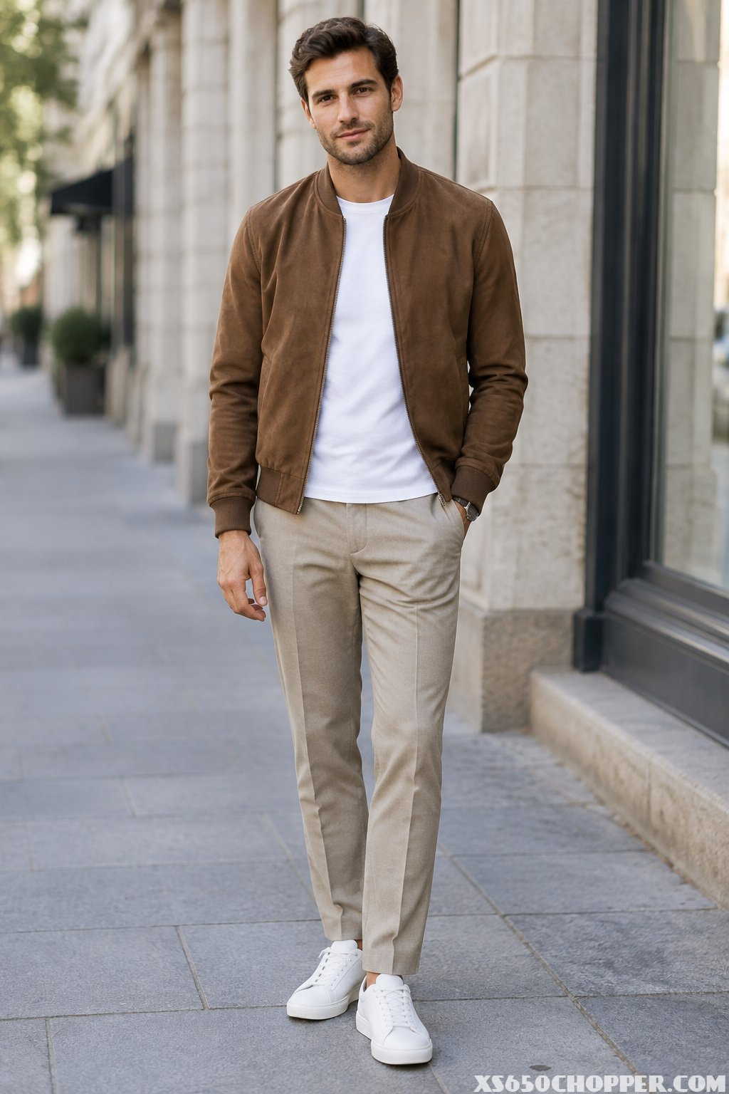 A man wearing a suede bomber jacket, white T-shirt, and tailored trousers stands on a city sidewalk.