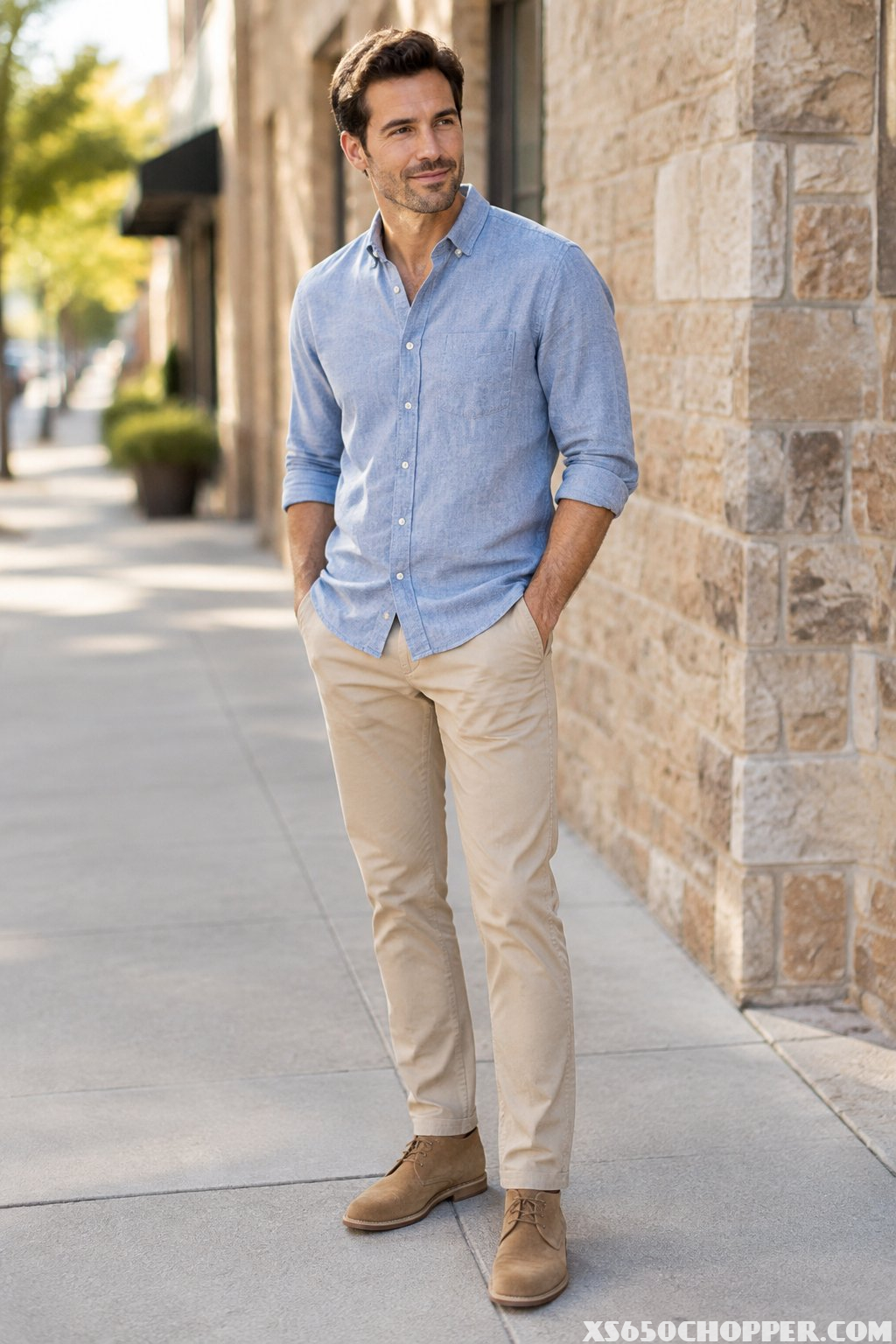 A man in a blue shirt, beige chinos, and tan boots stands on a sidewalk.