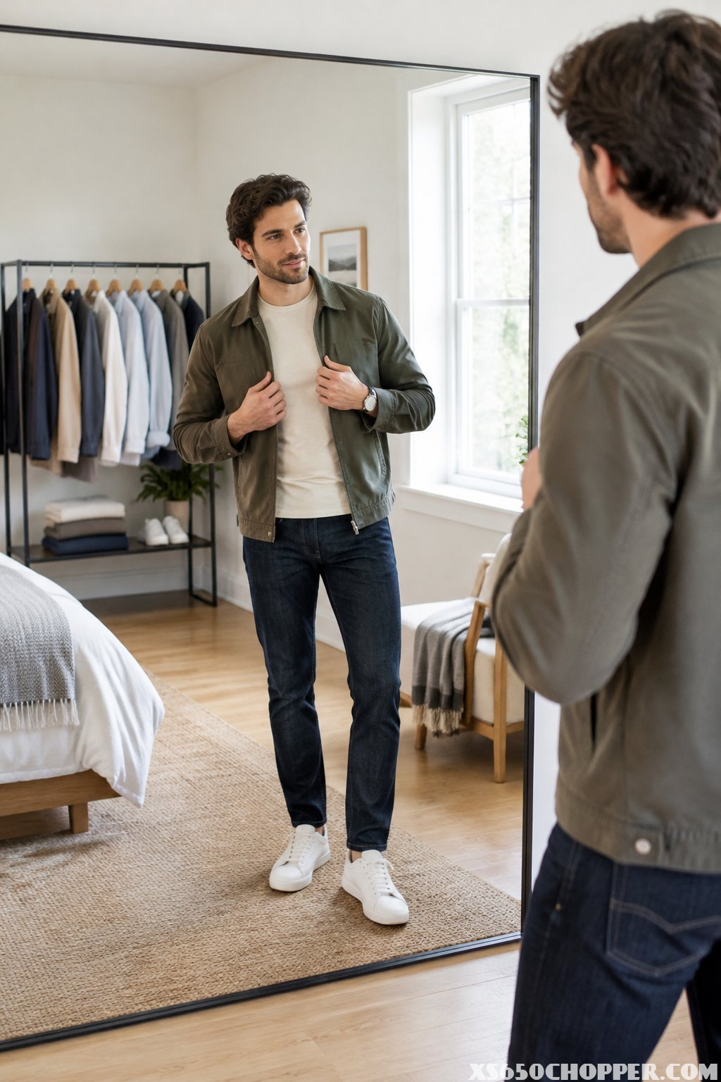 A man checks his casual outfit in a full-length mirror.