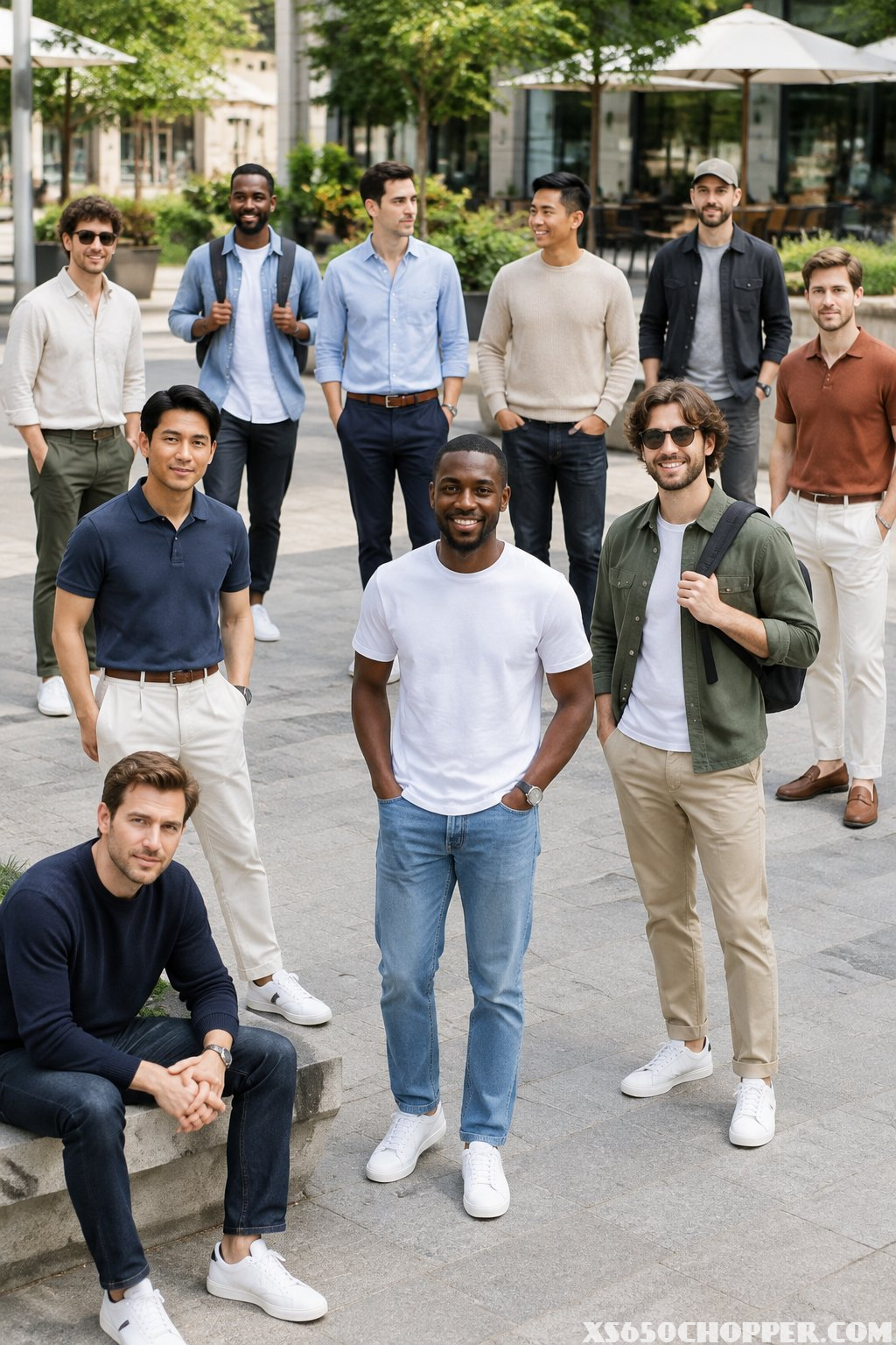 Twelve men in casual outfits gathered in an outdoor plaza.