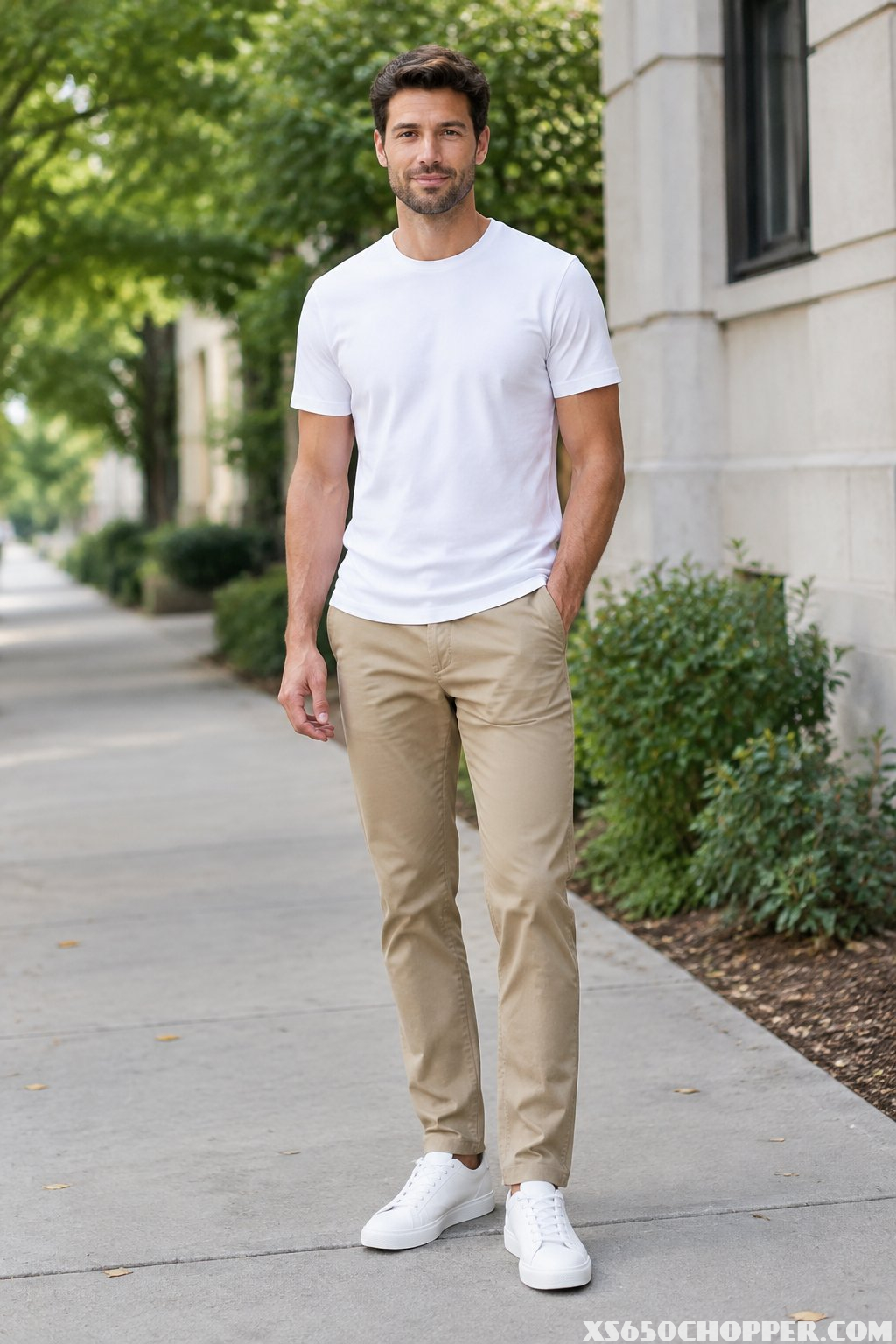 A man in a white T-shirt, khaki chinos, and white sneakers stands on a leafy sidewalk.