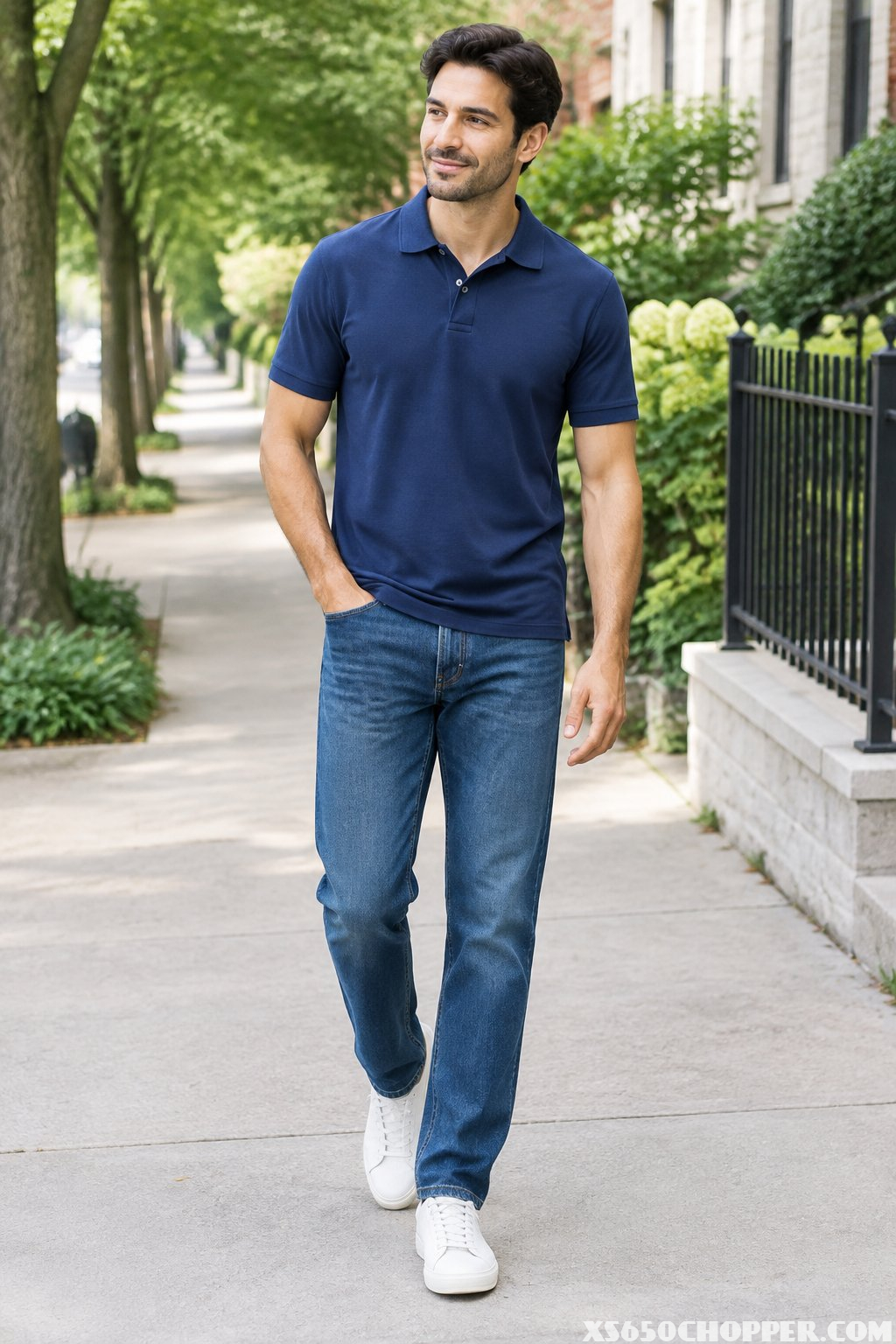 A man in a polo shirt, straight-leg jeans, and low-top sneakers walks along a sidewalk.