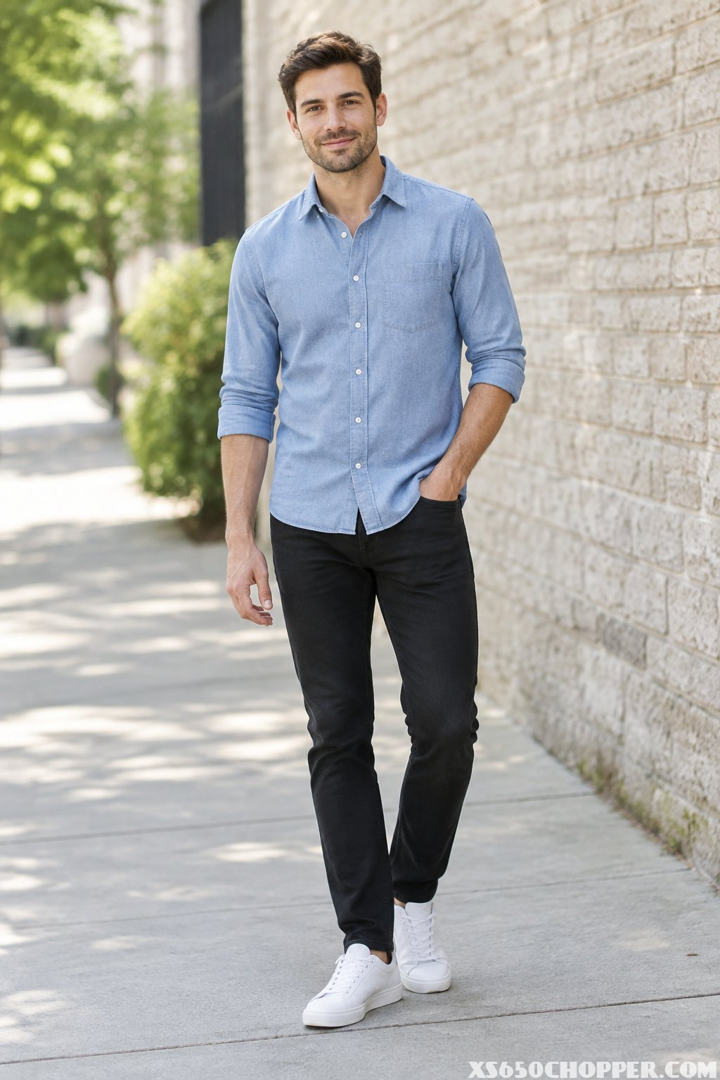 A man in a blue shirt, black jeans, and white sneakers stands on a sidewalk.