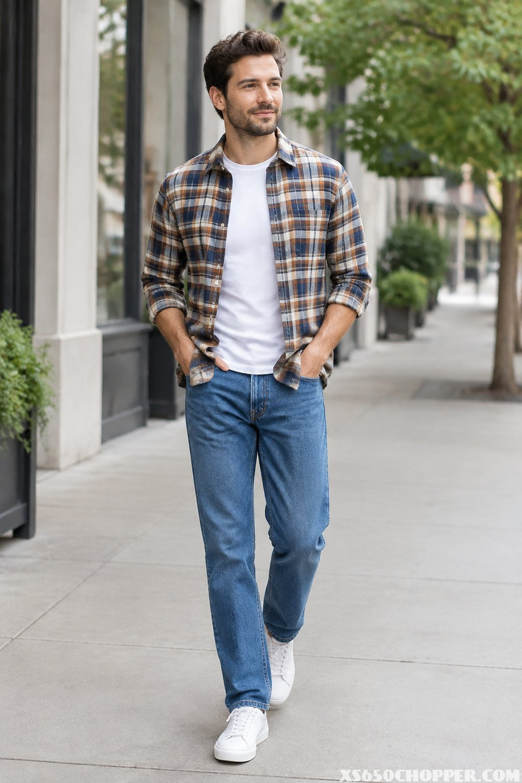 A man in a plaid overshirt, white T-shirt, and straight-leg jeans walks along a street.