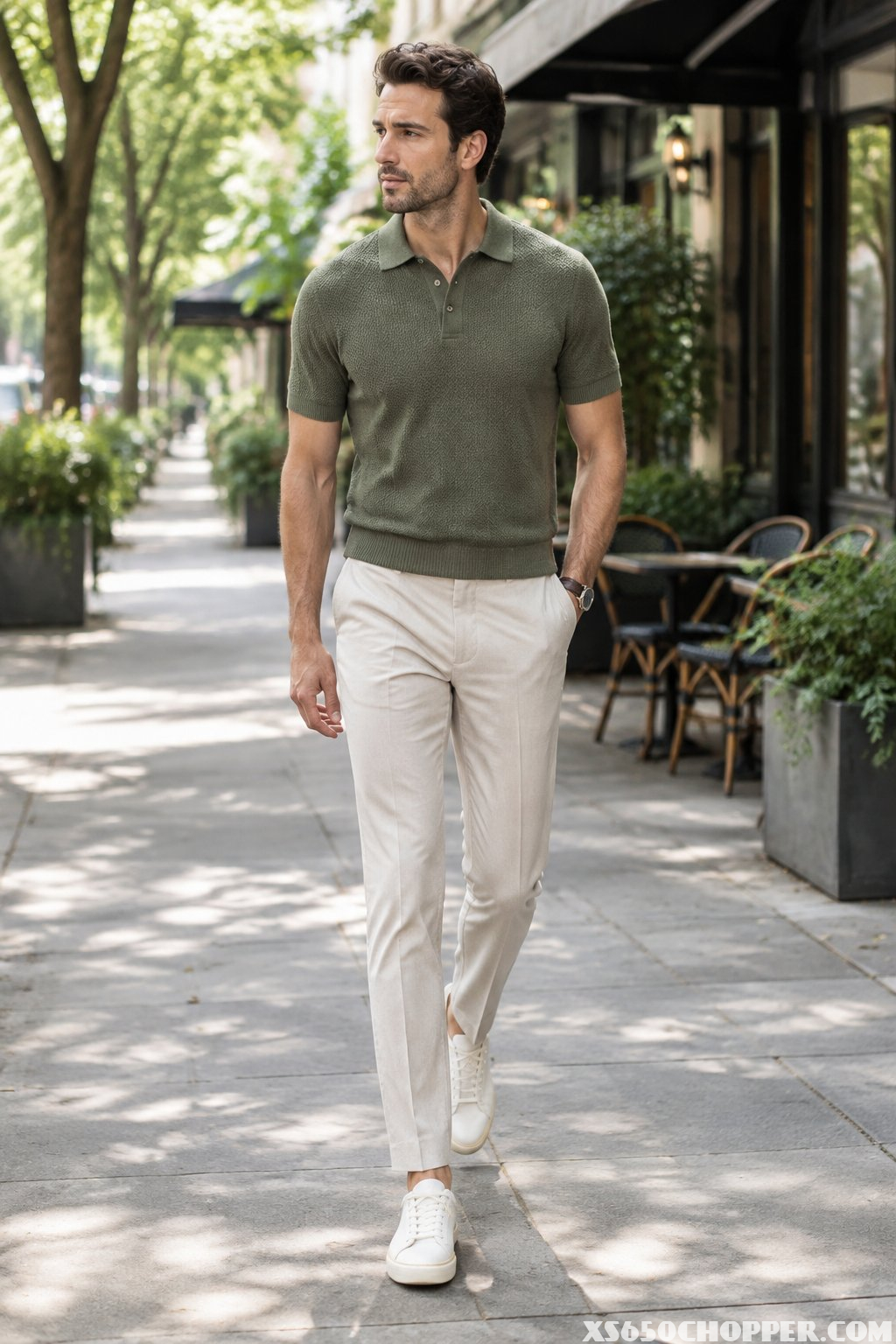A man walks along a city sidewalk wearing a polo shirt, tailored trousers, and sneakers.