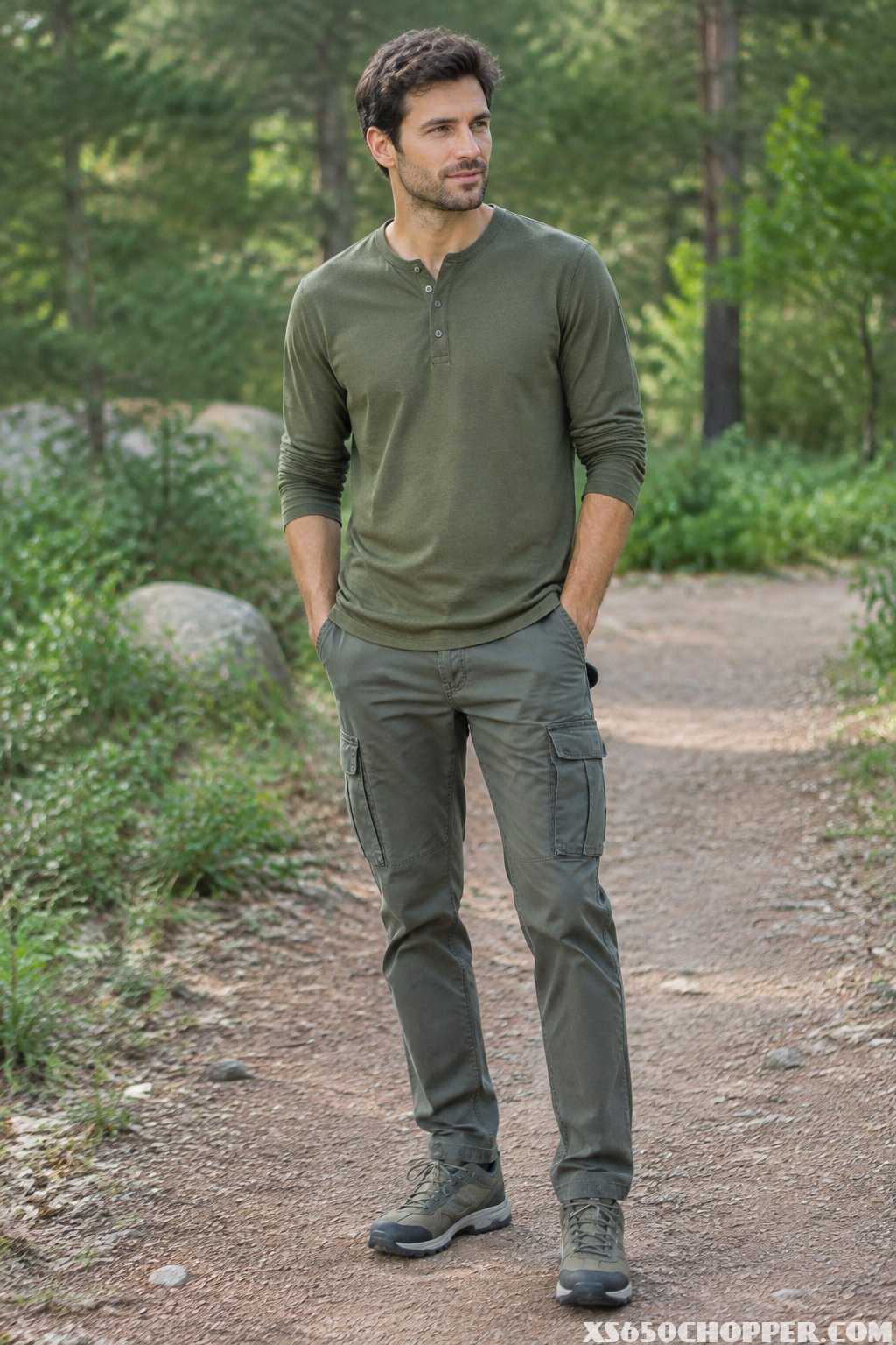 A man in an olive henley shirt, cargo pants, and trail sneakers stands on a woodland path.