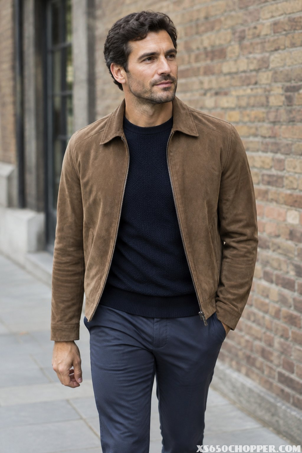 A man wearing a suede jacket, dark shirt, and slim trousers on a city street.