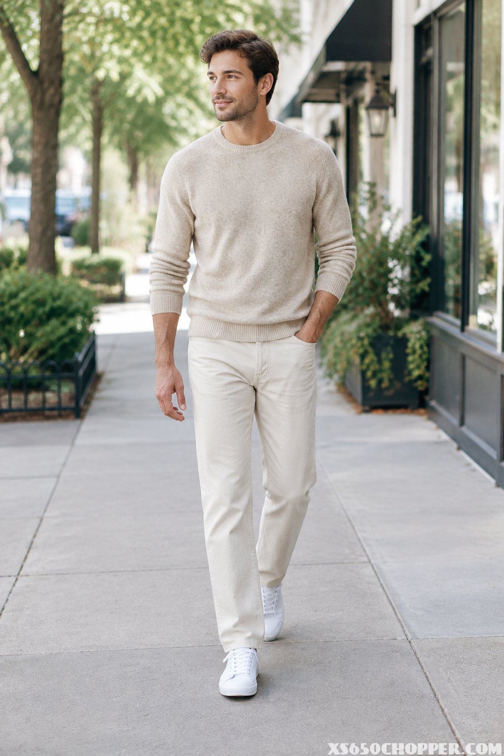 A man walks along a sidewalk wearing a sweater, light-colored jeans, and canvas sneakers.
